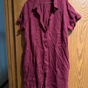 Burgundy Short Sleeve Button-Up Dress